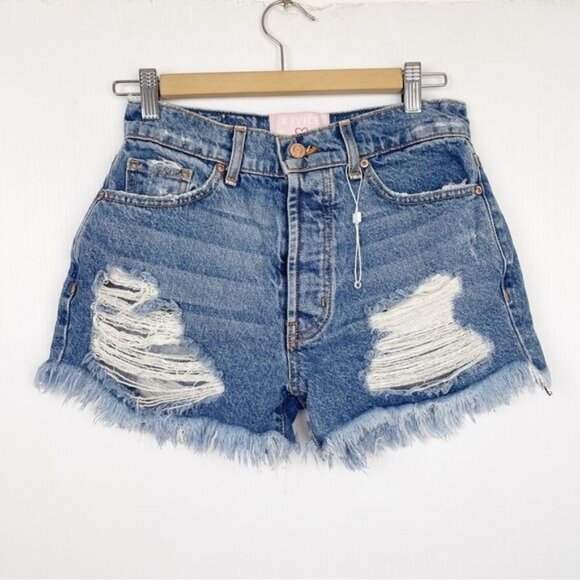 REVICE high waisted denim shorts Malibu cut off Distressed frayed hem 25 - Picture 1 of 8